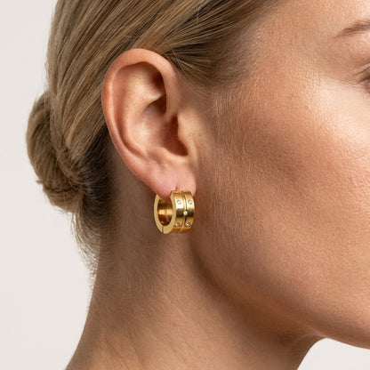 Aramat Jewels gold-tone stainless steel hoop earrings with 5 small cubic zirconia stones on each.
