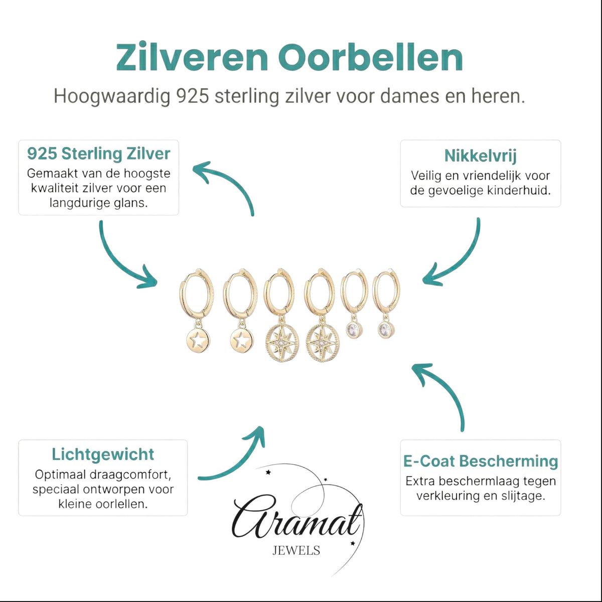 Aramat Jewels set of 3 pairs of gold-plated 925 silver hoop earrings with star and compass designs, adorned with cubic zirconia.