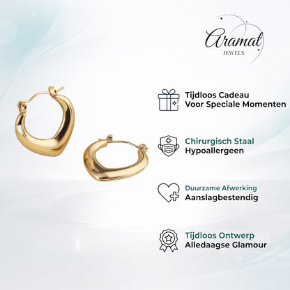 Aramat Jewels gold-tone stainless steel teardrop hoop earrings, 22mm, lightweight with a hinge closure.