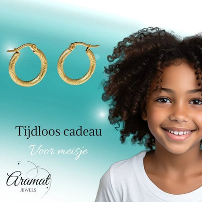 Aramat Jewels gold textured stainless steel hoop earrings for girls, 22mm diameter, with a textured finish that catches the light.