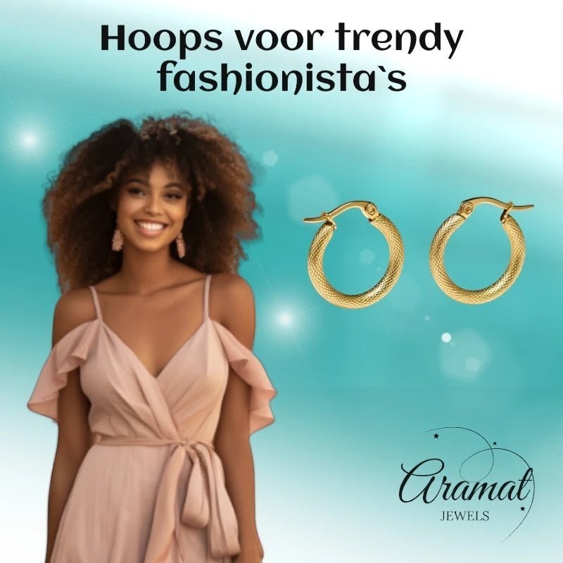 Aramat Jewels gold textured hoop earrings, 22mm diameter, made of stainless steel with a secure hinge clasp.