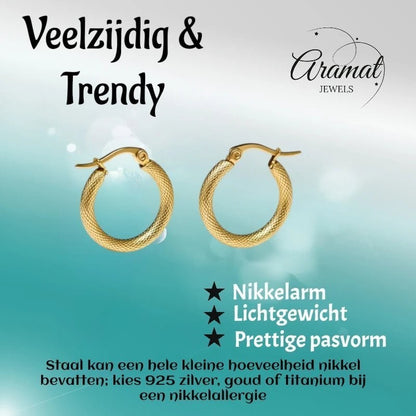 Aramat Jewels gold textured stainless steel hoop earrings, 22mm diameter, with a textured finish and secure clasp.