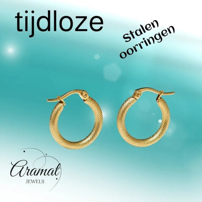 Aramat Jewels gold textured stainless steel hoop earrings, 22mm diameter, with a secure hinge clasp.