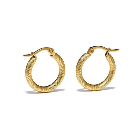 Aramat Jewels gold textured stainless steel hoop earrings, 22mm diameter, with a secure hinge clasp.