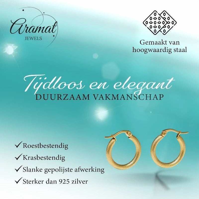 Aramat Jewels gold textured stainless steel hoop earrings, 22mm diameter, with a diamond-like pattern and secure clasp.