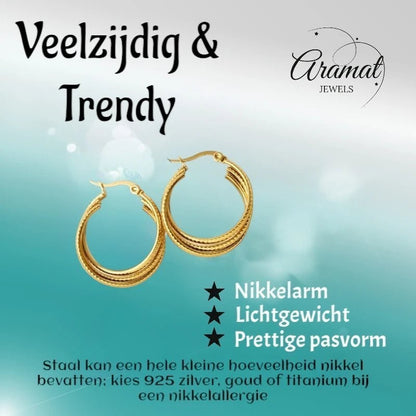 Aramat Jewels gold-tone stainless steel triple hoop earrings with a striped pattern, 25mm diameter.