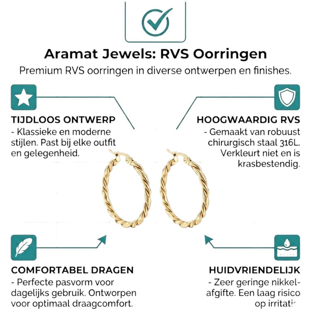 Aramat Jewels gold-coloured twisted hoop earrings, 30mm diameter, made of stainless steel with a dual-thread design.