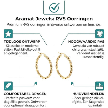 Aramat Jewels gold-coloured twisted hoop earrings, 30mm diameter, made of stainless steel with a dual-thread design.