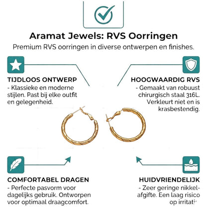 Aramat Jewels gold-coloured stainless steel hoop earrings with a twisted rope motif, 25x3.5mm, featuring a clasp closure.