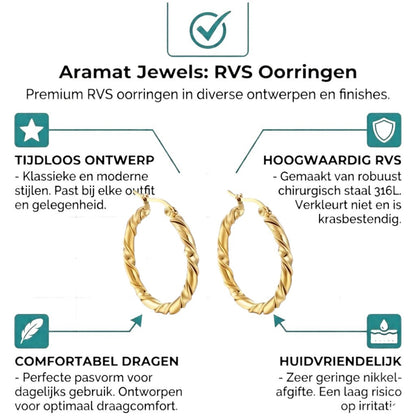 Aramat Jewels gold-colored stainless steel hoop earrings with a twisted design, 30mm diameter.