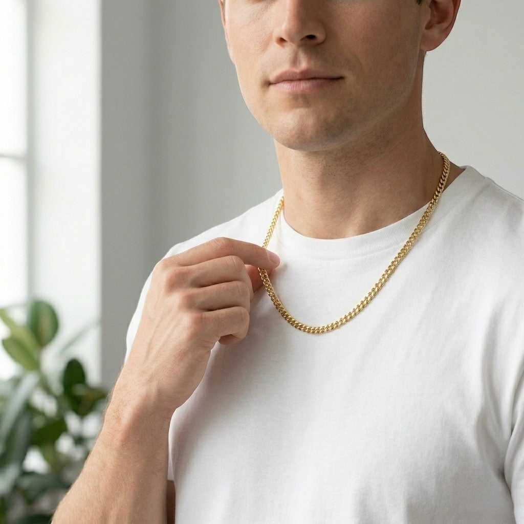 Aramat Jewels goudkleurige RVS gourmet ketting van 2mm breed gedragen door een man in een wit T-shirt.