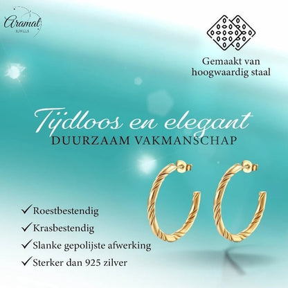 Aramat Jewels goudkleurige halve oorringen van RVS met een gedraaid motief en vlindersluiting, 30mm diameter.