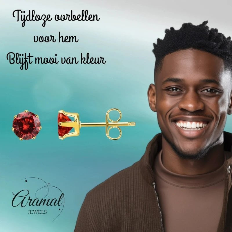 Aramat Jewels RVS oorstekers met rode zirkonia, 3 mm, goudkleurig. Tijdloze oorbellen voor hem.