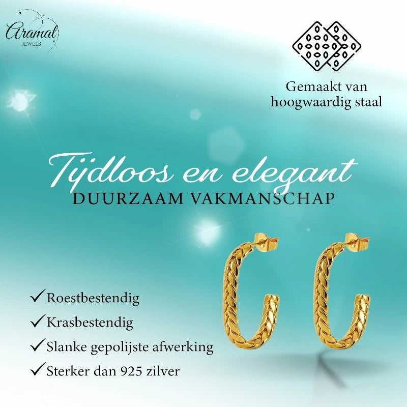 Aramat Jewels goudkleurige rechthoekige oorstekers met gourmetschakel-structuur van roestvrij staal
