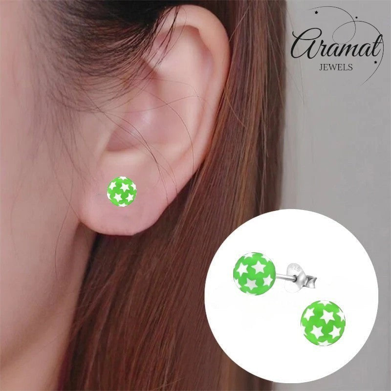 Aramat Jewels 925 sterling silver stud earrings, 6mm green balls with white stars, butterfly backs.