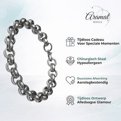 Aramat Jewels zilverkleurige roestvrijstalen armband met klassiek Grieks motief en schakelontwerp.