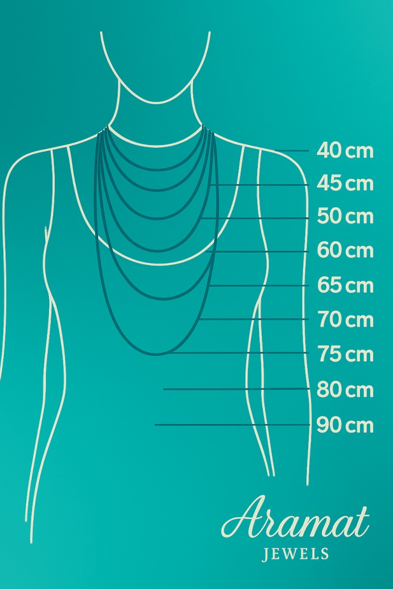 Aramat Jewels maattabel voor halskettingen toont de lengte van 70 cm op een vrouwelijk silhouet.