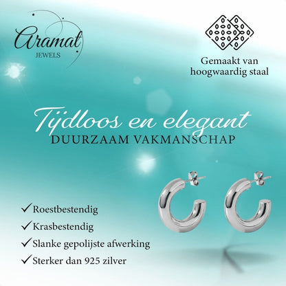 Aramat Jewels massieve halve oorringen van RVS, gladde hoepels 25x8mm, tijdloos en elegant.
