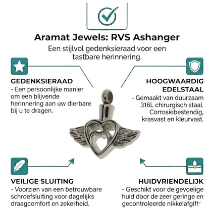 Aramat Jewels silver-tone stainless steel heart and wing cremation pendant, 2.5x2.7cm, for ashes or hair.