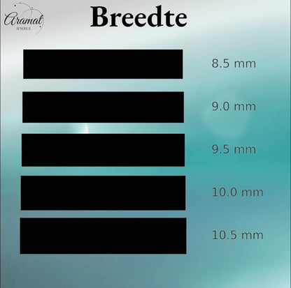 Aramat Jewels maattabel voor kettingbreedtes van 8,5 mm tot 10,5 mm ter illustratie van robuuste schakelkettingen.