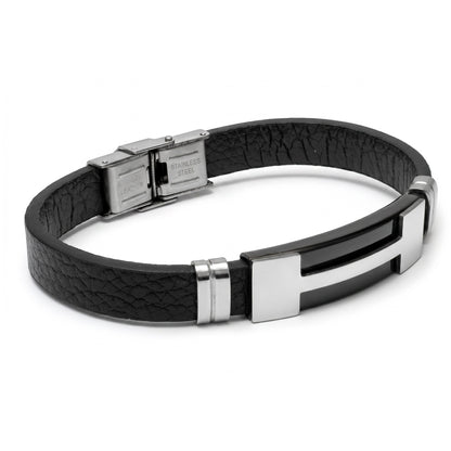 Aramat Jewels stoere heren armband van zwart leer met zilverkleurige RVS streep en sluiting.