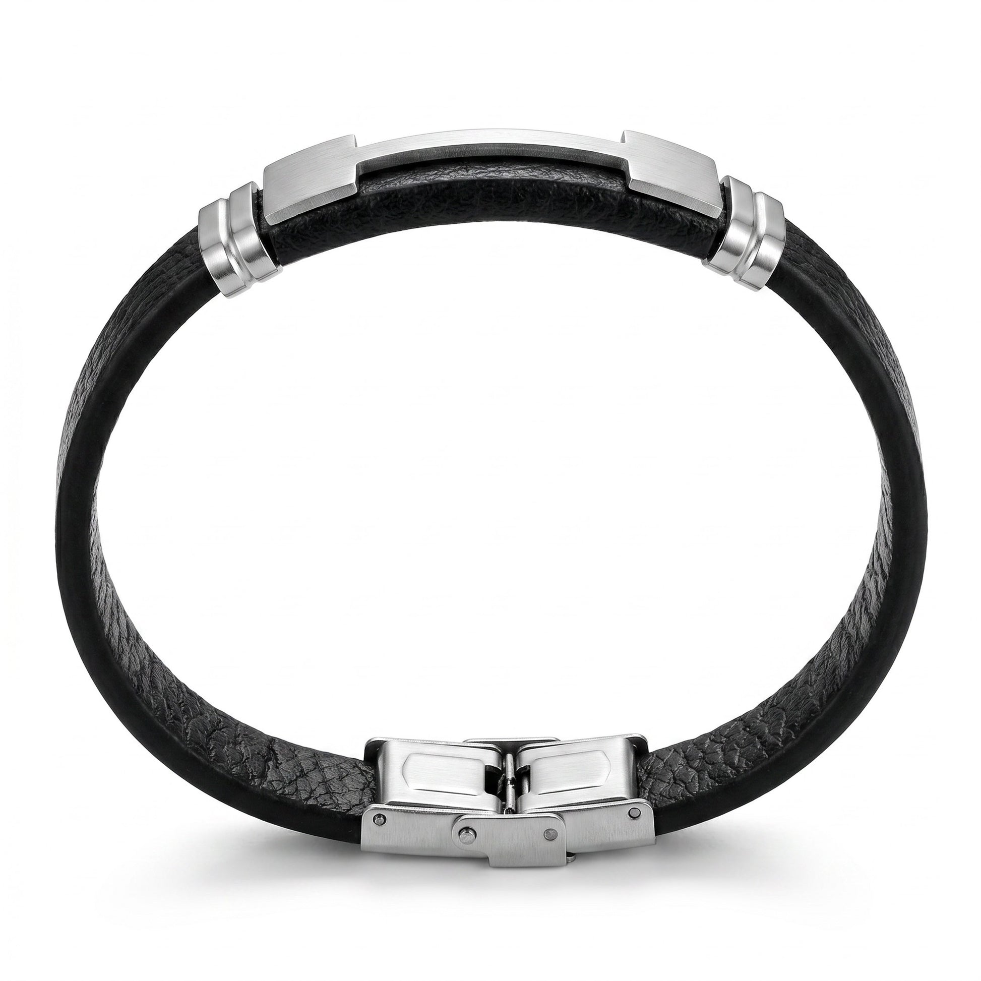 Aramat Jewels stoere zwarte leren herenarmband met zilverkleurige stalen plaat en sluiting, 21cm