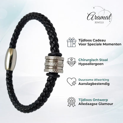 Aramat Jewels zwarte leren herenarmband met zilverkleurige RVS kraal en stevige magneetsluiting.