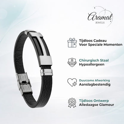 Aramat Jewels stoere zwarte leren herenarmband met zilverkleurige T-vormige plaat en stalen sluiting.