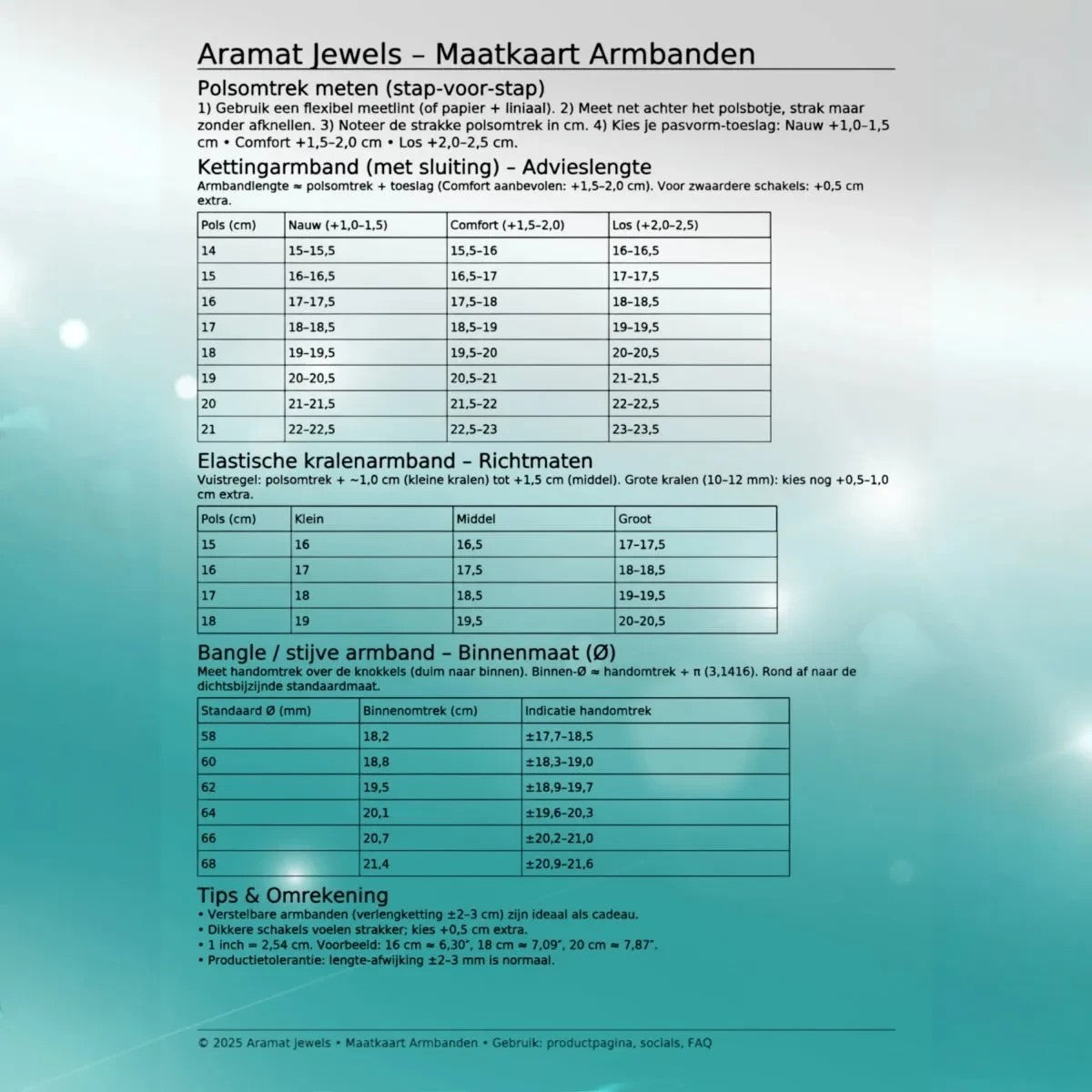 Aramat Jewels maattabel voor herenarmbanden met instructies voor het meten van de polsomtrek en armbandlengte.