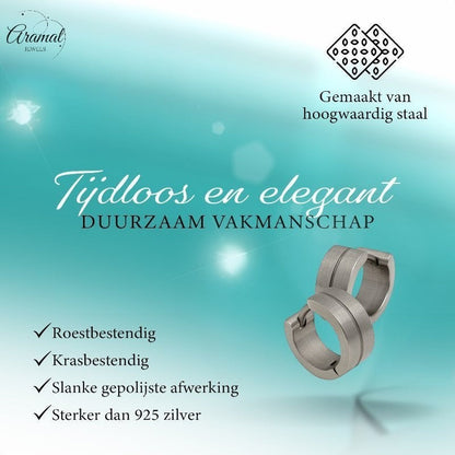 Aramat Jewels matte silver stainless steel hoop earrings with a subtle glossy stripe detail, 13mm size.