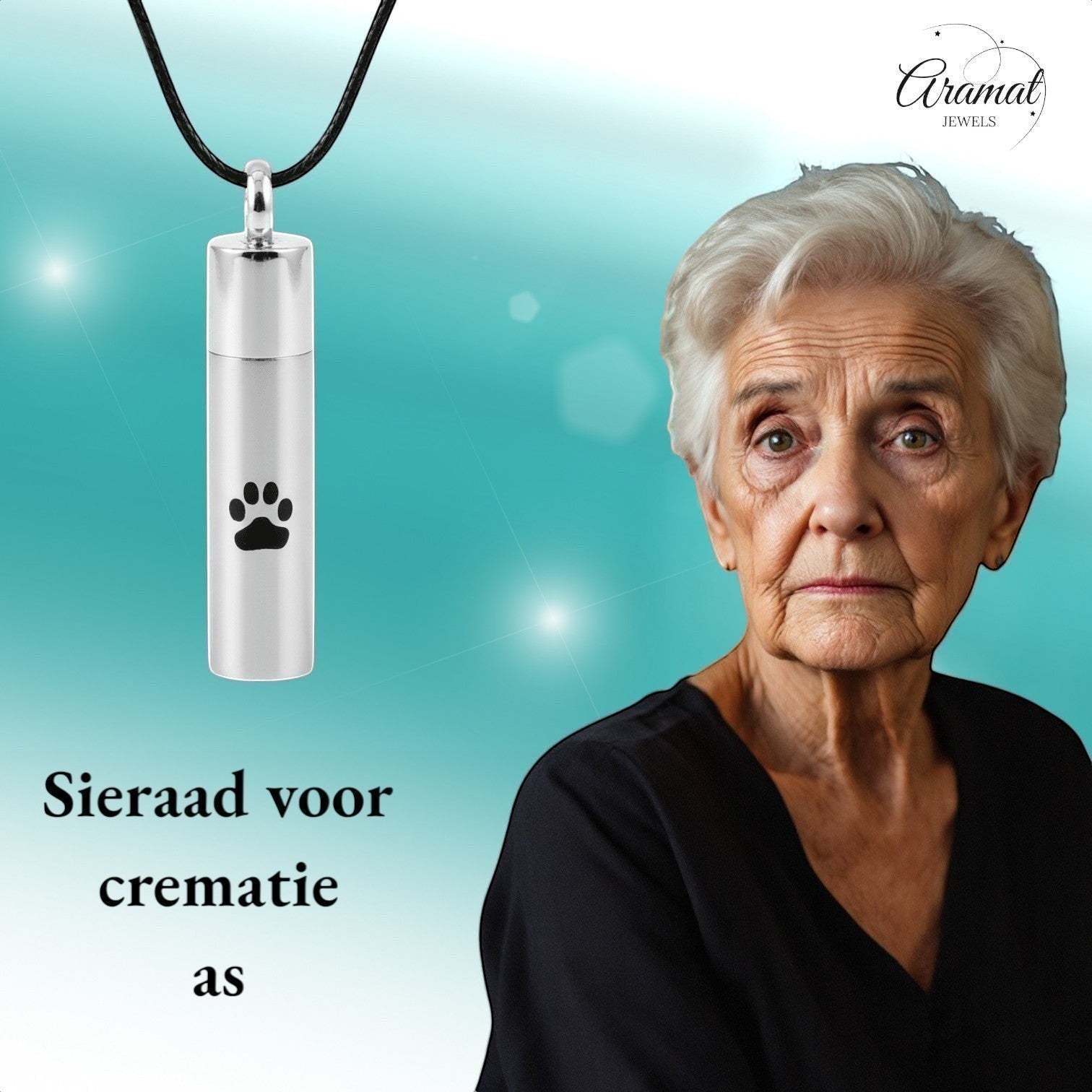 Aramat Jewels matte silver stainless steel cremation urn pendant with black paw print design, 46mm tube shape.