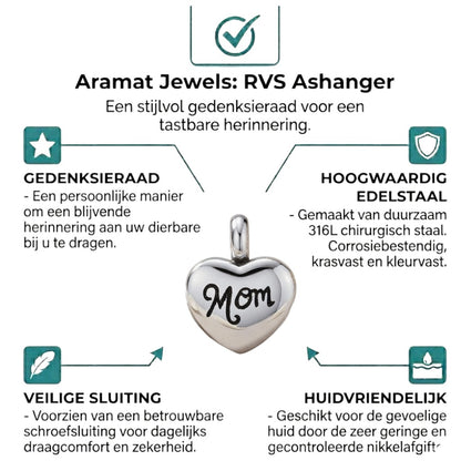 Aramat Jewels silver-tone stainless steel heart-shaped cremation charm with 'Mom' inscription, 12mm.