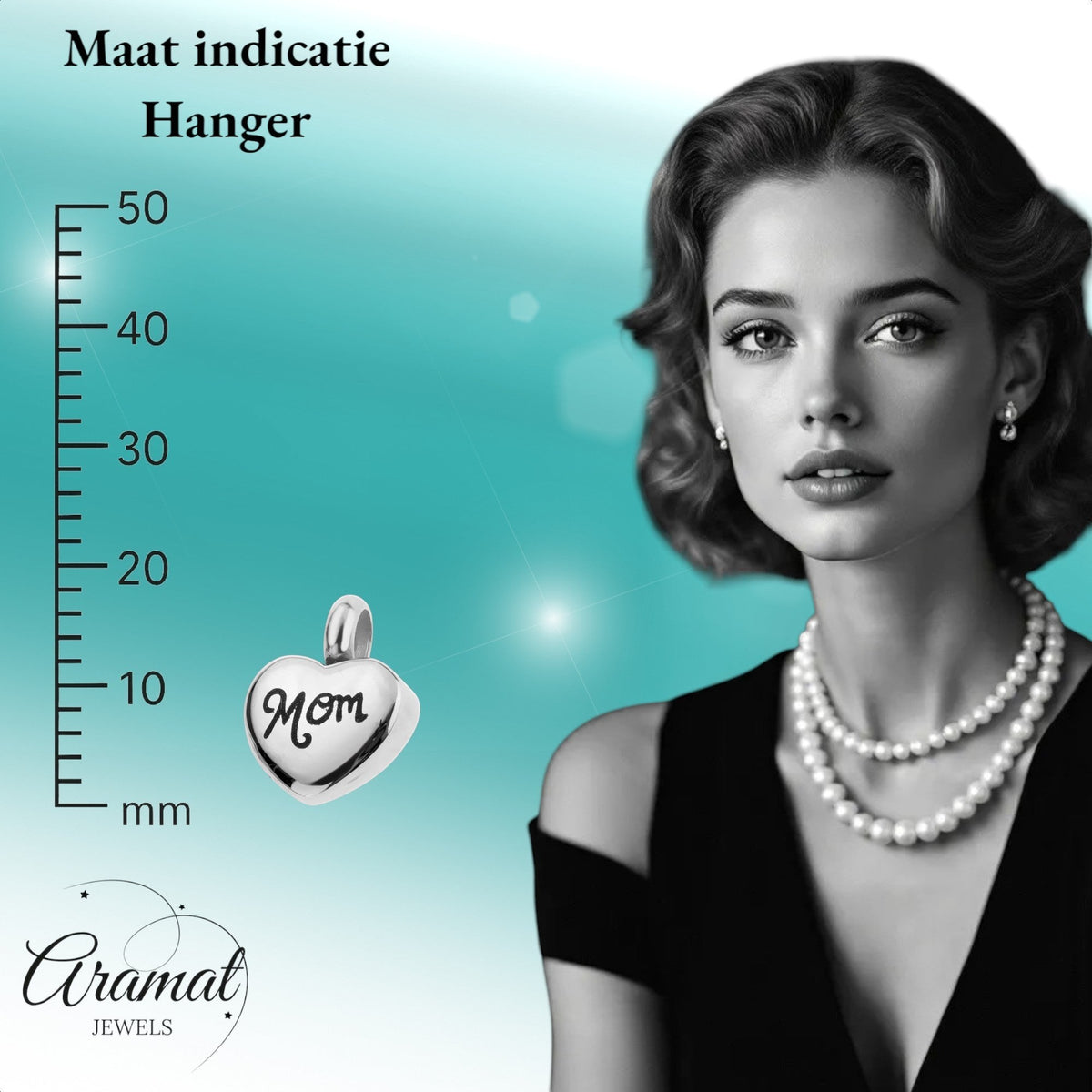 Aramat Jewels silver-tone stainless steel heart-shaped cremation charm with 'Mom' inscription, 12mm.
