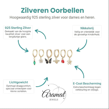 Aramat Jewels set of 6 gold-plated 925 silver hoop earrings with nature-themed charms: green marquise gem, white flower, black butterfly, bee, ladybug, and pink flower.