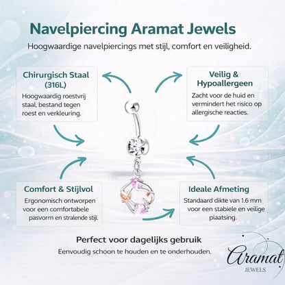 Aramat Jewels silver surgical steel navel piercing with a dangling charm featuring pink and champagne cubic zirconia stones.