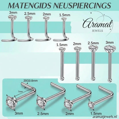 Maattabel voor Aramat Jewels neuspiercings in zilverkleurig staal met verschillende steenafmetingen en vormen.