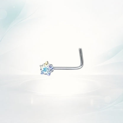 Aramat Jewels stainless steel L-shaped nose piercing with a clear AB cubic zirconia stone.