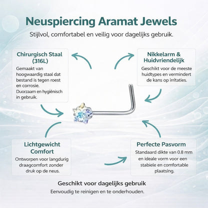 Aramat Jewels stainless steel L-shaped nose piercing with a clear AB cubic zirconia stone.