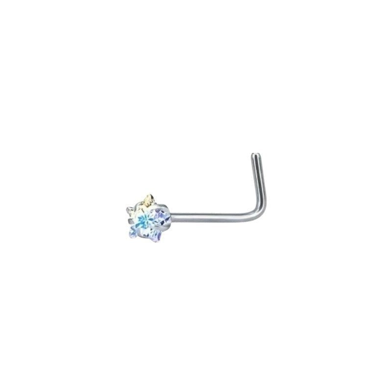 Aramat Jewels stainless steel L-shaped nose piercing with a sparkling AB clear cubic zirconia stone in a round, heart, or star shape.