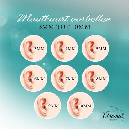Aramat Jewels oorbellen maattabel, met afbeeldingen van oren met oorbellen van 3mm tot 10mm.