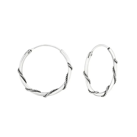 Aramat Jewels 20mm oxidised silver Bali hoop earrings with a twisted rope design. Ethnic boho style.