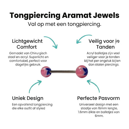 Aramat Jewels pink, white, and blue acrylic flower tongue piercing with a silver barbell.