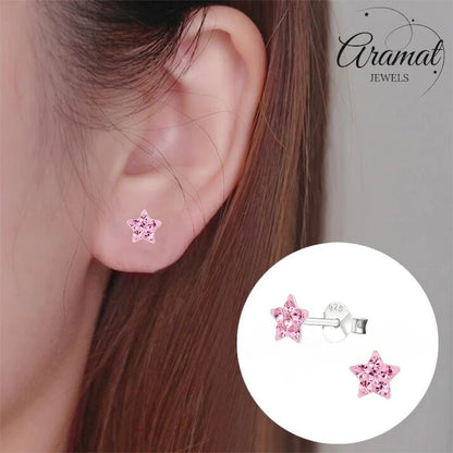 Aramat Jewels 925 sterling silver star stud earrings with pink crystals, 5mm.