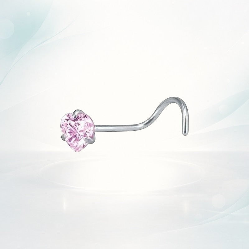Aramat Jewels silver steel nose piercing with a pink heart-shaped zirconia stone, S-bend.