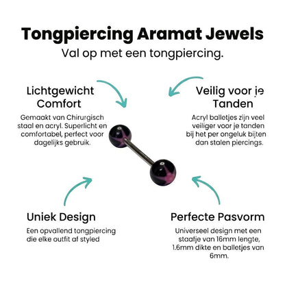 Aramat Jewels black and pink acrylic star tongue piercing. Features a 16mm bar with 1.6mm thickness.