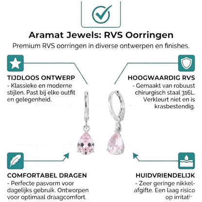 Aramat Jewels silver-tone mini hoop earrings with dangling pink pear-cut zirconia stones, 10mm diameter.