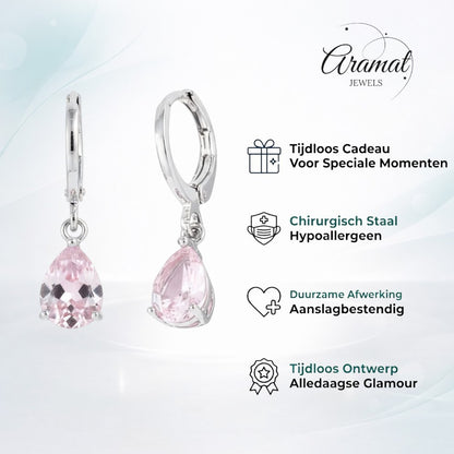 Aramat Jewels silver-tone mini hoop earrings with dangling pink pear-cut zirconia stones, 10mm diameter.