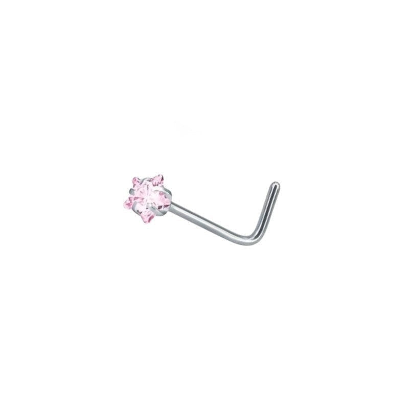 Aramat Jewels silver-tone steel L-shaped nose piercing with a pink cubic zirconia.