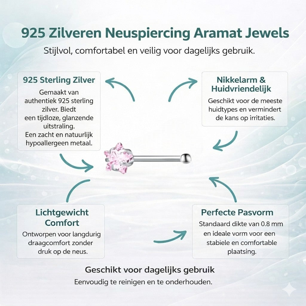 Aramat Jewels silver-colored steel nose piercing with a pink zirconia stone and a straight post.