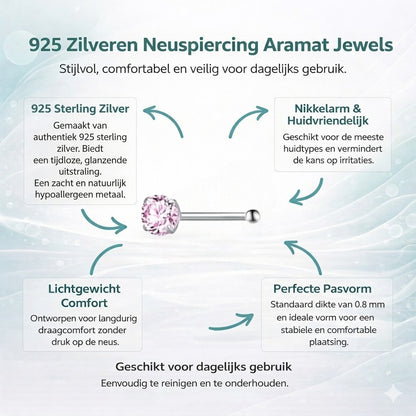 Aramat Jewels silver-colored steel nose piercing with a round pink zirconia stone and a straight post.